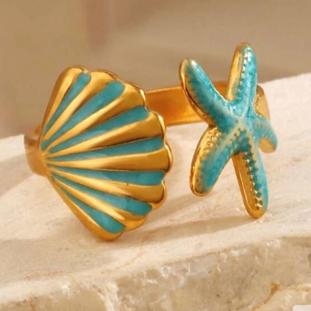 2 Pcs Summer Jewelry Set | Colorful Enamel Starfish & Seashell Rings